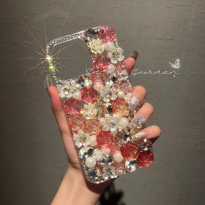 Luxury Rhinestone Rose Case Cover For iPhone