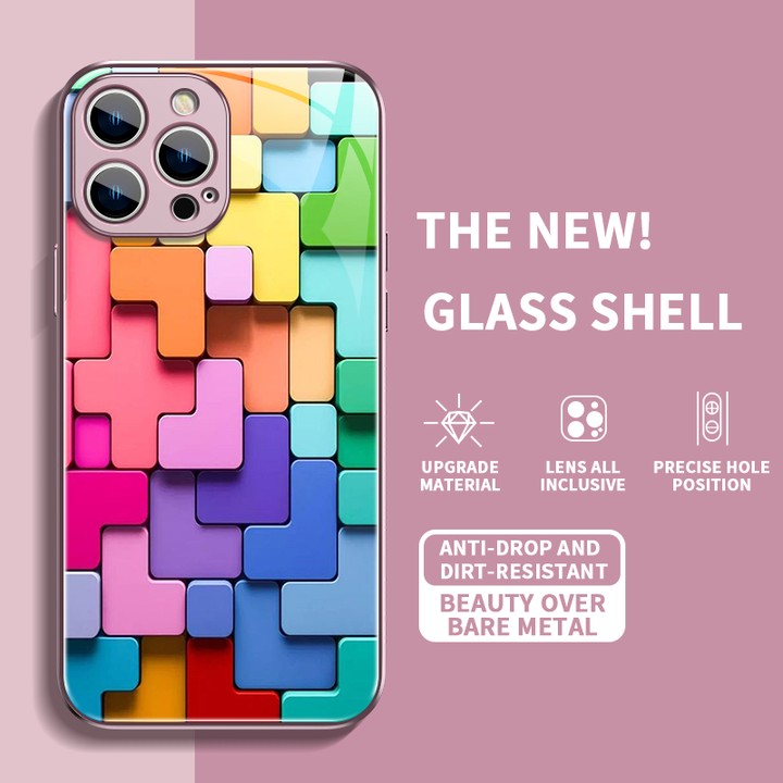 Flat 3D Square Pattern Glass Case Cover For iPhone