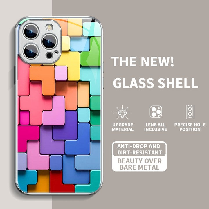 Flat 3D Square Pattern Glass Case Cover For iPhone